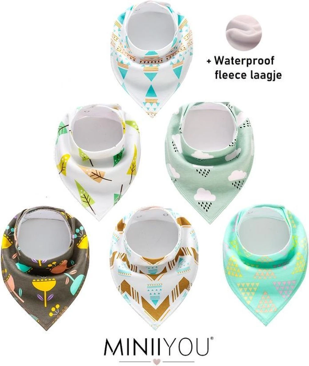 MINIIYOU Bandana Kwijlslabbetjes - Blaadjes - 6 Stuks Waterproof Laagje - Puntslabbetjes 3 MINIIYOU Bandana Kwijlslabbetjes - Blaadjes - 6 Stuks Waterproof Laagje - Puntslabbetjes