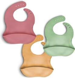 Telano® Slabbetje 3 Stuks Met Opvangbakje - Siliconen Slabber Baby Peuter - Verstelbaar En Waterproof - Kraamcadeau - Roze - Mintgroen - Okergeel