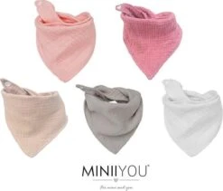 5 Stuks Hydrofiele Bandana Slabbetjes - Effen Roze- Grijs Wit - Katoen - Kwijlslabbetjes