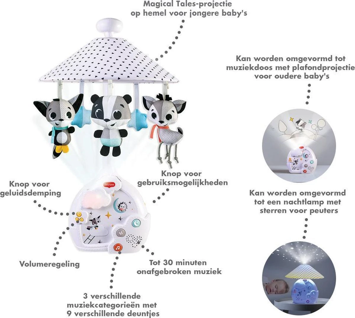 Tiny Love Magical Night 3-in-1 Muziekmobiel Met Projector - Magical Tales - Zwart/Wit 5 Tiny Love Magical Night 3-in-1 Muziekmobiel Met Projector - Magical Tales - Zwart/Wit - Afbeelding 3