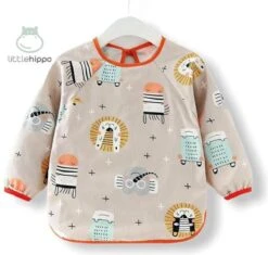 Kinderschort 'Zoo' Lange Mouwen - Slab Met Mouwen - Slabbetje Little Hippo - Waterafstotend - Knutselen - Kliederschort - 12-36 Maanden