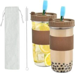 Merkloos Set Van 2 Bubble Tea Bekers 750 Ml Drinkglazen Met Spatwaterdicht Deksel En Rietje, Reinigingsborstel, Herbruikbare Mason Jars, Cocktailglas, Mok Voor Dranken, Milkshakes, Sappen -Winkel Voor Babyproducten 1200x1179 8