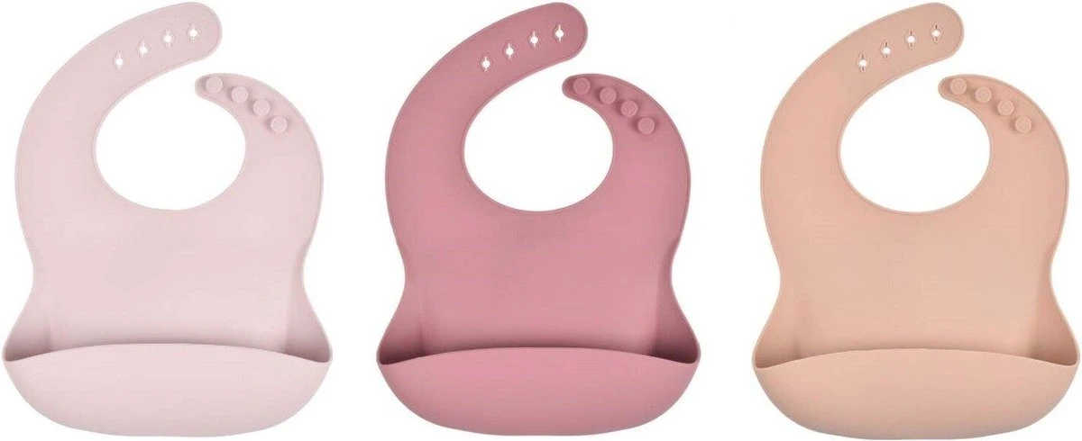 3 Stuks - Siliconen Slabbetjes Met Opvangbak - Roze Beige 3 3 Stuks - Siliconen Slabbetjes Met Opvangbak - Roze Beige
