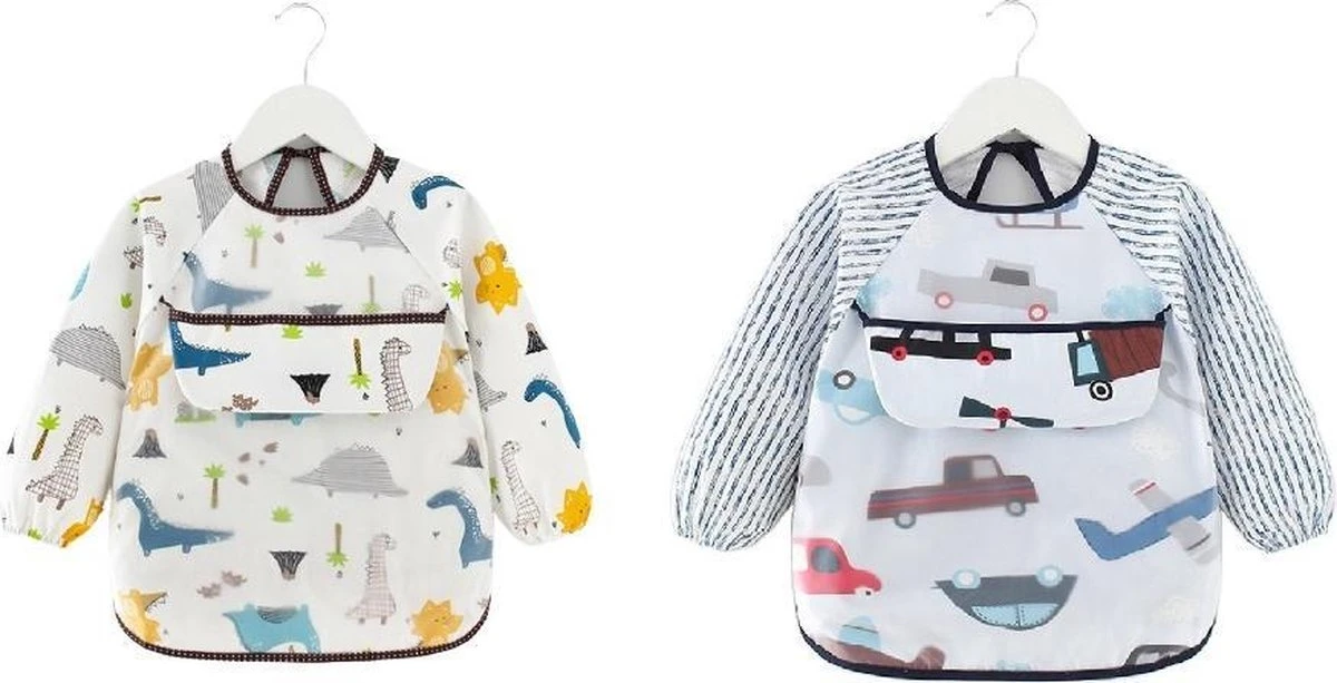 Slabbetjes Duo Pack - Dinosaurus - Auto's - Met Lange Mouwen En Opvangbakje (1-3 Jaar) 3 Slabbetjes Duo Pack - Dinosaurus - Auto's - Met Lange Mouwen En Opvangbakje (1-3 Jaar)