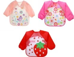 Merkloos 3 Stuks - Baby Slabbetjes Met Mouwen - Aardbei Vogel Bloemetjes - Waterproof