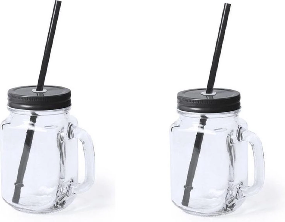 Merkloos Bellatio Design Mason Jar Drinkfles Met Rietje - 500ml - Glas - Zwart - 2 Stuks 3 Merkloos Bellatio Design Mason Jar Drinkfles Met Rietje - 500ml - Glas - Zwart - 2 Stuks