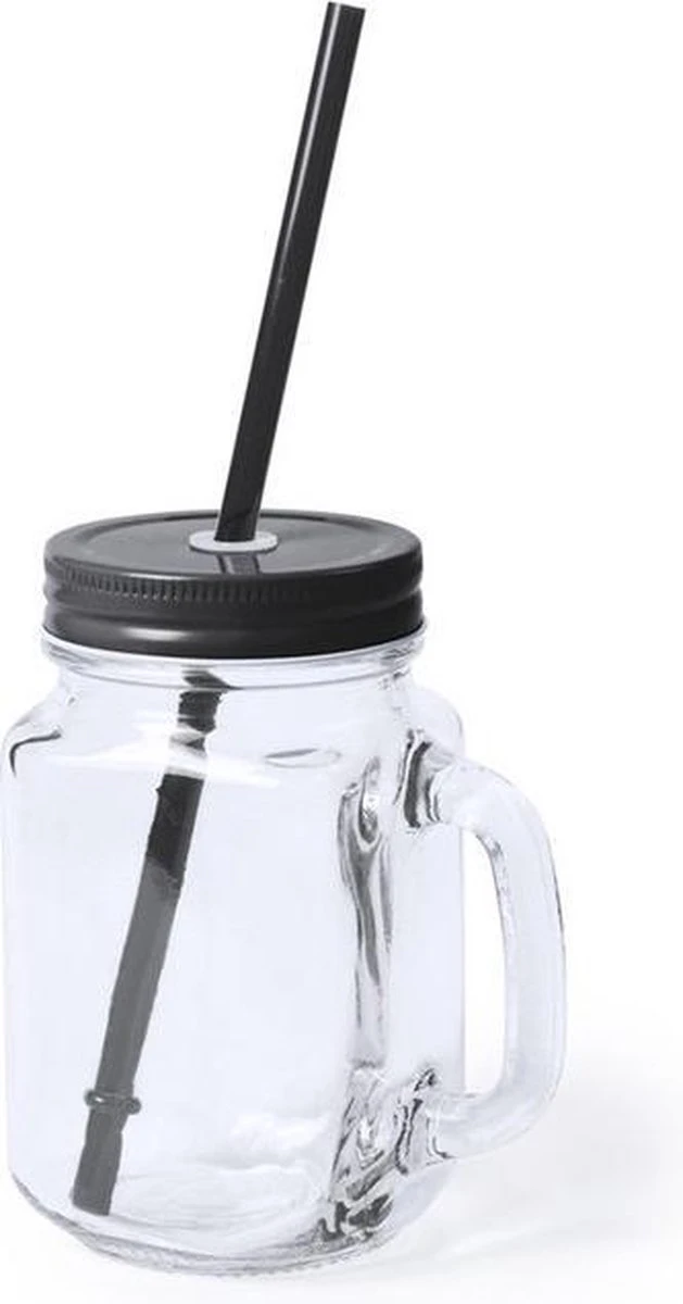 Merkloos Bellatio Design Mason Jar Drinkfles Met Rietje - 500ml - Glas - Zwart - 2 Stuks 4 Merkloos Bellatio Design Mason Jar Drinkfles Met Rietje - 500ml - Glas - Zwart - 2 Stuks - Afbeelding 2